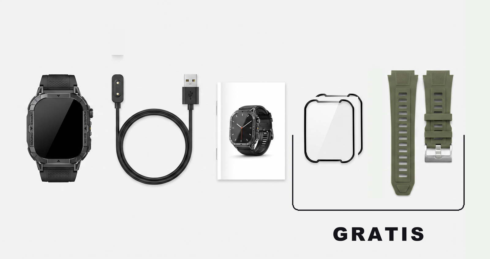 Inhoud van de doos: Titan smartwatch, magnetische oplaadkabel, handleiding, twee screenprotectors en een extra legergroen siliconen bandje